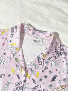 LOONEY TUNES X SHEIN GraphicGems Tween-Mädchen Sommer Schlafanzug-Set, süßer X Kollektion Muster, flammhemmendes Milchseide, weich & bequem Cardigan mit Kragen & Shorts, 2-teiliger Pyjama - Pink - Übersicht 4