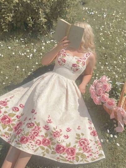 SHEIN MOD Plusstorlek Aprikosfärgad Placement Print-klänning, Sommarklänning med mellanlång utsvängd kjol, Trädgårdsfest, Retro palatsstil, Semester
