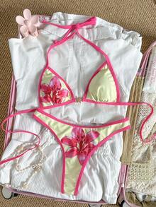 Swim Mod Bộ bikini nữ in họa tiết, kiểu cổ yếm, đính đá kim loại, thích hợp cho mùa xuân/hè. - Nhiều màu - Xem 2