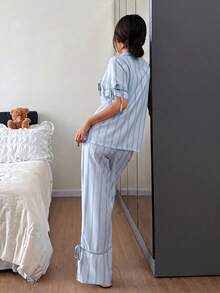 Napfluff Striped Print Lapel Contrast Color Casual Homewear Short Sleeve Top And Pants Set For Women - Blue - View 2