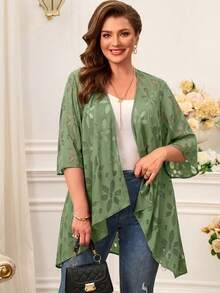 Miaspire Plus Size Solid Color Asymmetric Hem Casual Loose Jacket, Spring/Summer - Green - View 3