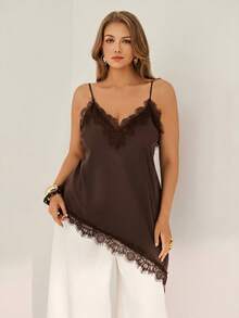 Auralis Áo camisole ren phối họa tiết vạt lệch cho nữ cỡ lớn - màu nâu - Xem 2