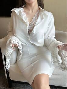Vibekara Áo cánh ren rộng gợi cảm màu trơn dành cho nữ, trang phục thường ngày - trắng - Xem 4