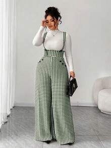 SHEIN Tall CURVE 大码格子极简休闲连体裤 - 軍綠色 - 查看 6