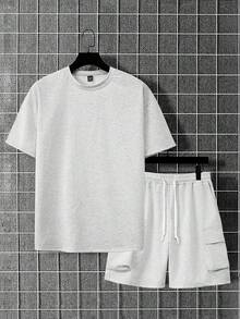 Manfinity Homme 2pcs Men's Solid Color Round Neck Drop Shoulder Casual Loose Fit Summer Top & Shorts Set, Holiday - Grey - View 3