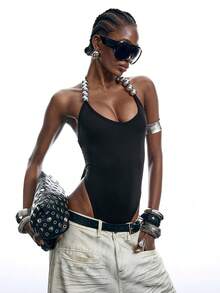 LYSMO 2026 New Arrive Minimalism Spring/Summer  Women's Shiny Beaded Decorative Halter Bodysuit - Black - View 5