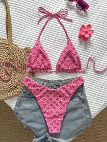 Swim Vcay Women's Tropical Print Halter Neck Bikini Set, Pink Triangle Cup Top And Bottom,Summer Boho Beach Vacation Holiday,Casual Elegant For Party - Multicolor - View 2