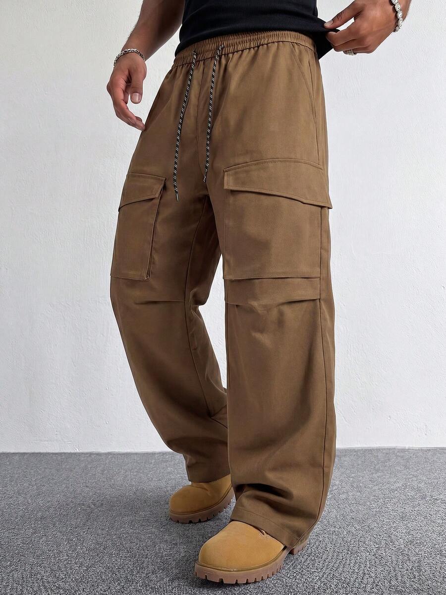 STYNVO Pantalones cargo casuales sueltos con cordón en la cintura de unicolor para hombres - Negro - Ver 1