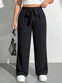 SHEIN PETITE CURVE Quần dài nữ cỡ lớn màu đen kiểu dáng thường ngày có dây buộc eo - màu đen - Xem 7