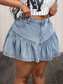 Slaydiva Plus Size Plain Simple Casual Denim Mini Skirt - Light Wash - View 4