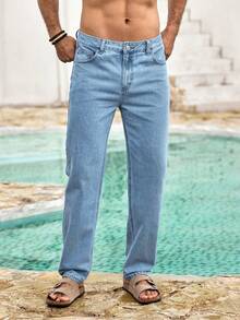 Mercer Haus Men Cotton Slant Pocket Straight Leg Jeans - Light Wash - View 4