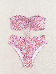 SHEIN Swim Bộ bikini dây rút mùa hè dễ thương dành cho nữ, không dây vai, họa tiết hoa xếp nếp, phối hợp với mặt dây chuyền ngọc trai tinh tế, có dây rút. - Nhiều màu - Xem 4