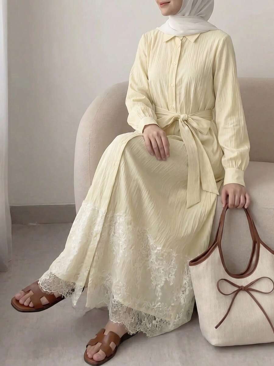 Solavon 女士纯色长袖单排扣休闲衬衫裙