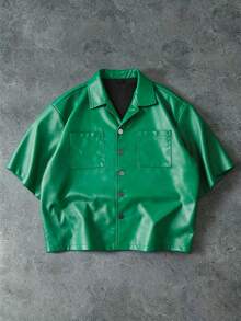 PAVTROS Men's Green PU Leather Utility Shirt,Button Front Box Cut Short Sleeve Pocket Casual Streetwear Night Summer Shades Of Green Outdoor Wear - Green - View 4
