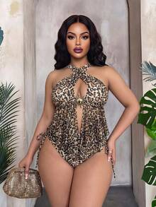Slaydiva 2026 New Women's Spring/Summer Leopard Print Spaghetti Strap Plus Size Swimwear Set - Multicolor - View 3