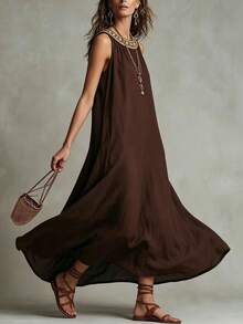 SHEIN Holidaya Đầm nữ thường ngày, đầm đi nghỉ mát, đầm mùa hè, đầm màu nâu, đầm cổ yếm, đầm quần nữ thường ngày, đầm hai dây, đầm đi biển, đầm cổ yếm thời trang thanh lịch tối giản thường ngày. - màu nâu - Xem 2