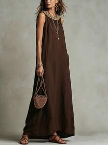 SHEIN Holidaya Đầm nữ thường ngày, đầm đi nghỉ mát, đầm mùa hè, đầm màu nâu, đầm cổ yếm, đầm quần nữ thường ngày, đầm hai dây, đầm đi biển, đầm cổ yếm thời trang thanh lịch tối giản thường ngày. - màu nâu - Xem 4