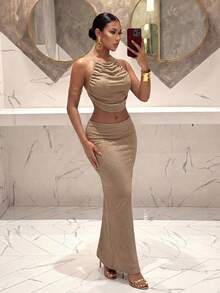 Slaydiva Women's Backless Halter Top And Skirt 2 Pieces Set - Khaki - View 7
