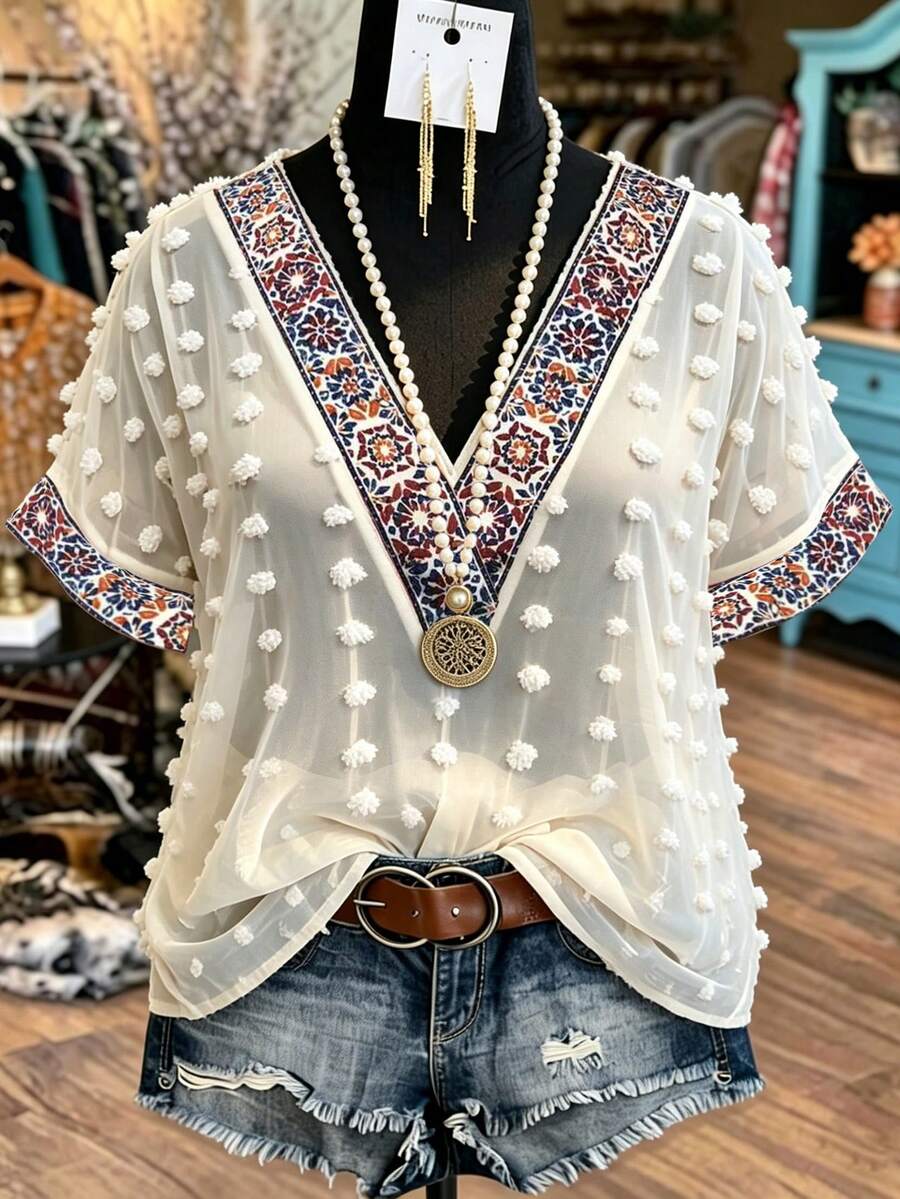 Linhara Plus Size Summer New Floral Pattern Collar Lace Patchwork V-Neck Short Sleeve Lace Sleeve Waist Flared Hem Women Dress - Apricot - View 1