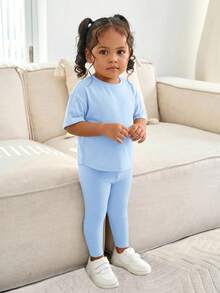 SHEIN Set 2 Potong Baju dan Celana Rajut Longgar Warna Polos untuk Bayi Perempuan - Dusty Blue - View 3