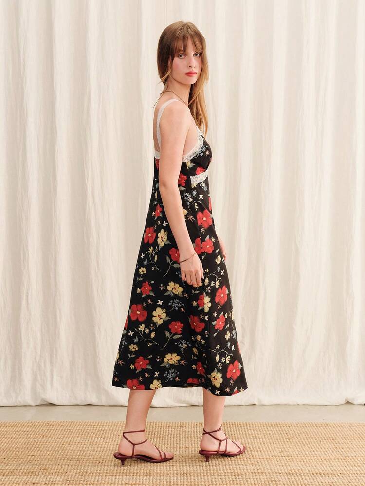 Black Floral Print Midi Dress With White Contrast Lace Neckline And Straps Chic Summer Dress Feminine Casual Holiday Dress French Style Dress
