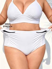 SHEIN CURVE+ Braga de bikini de talle alto fruncida de playa de verano, atuendos de playa para mujer, talla grande para mujer, trajes de baño, trajes de baño adelgazantes - Blanco - Ver 1