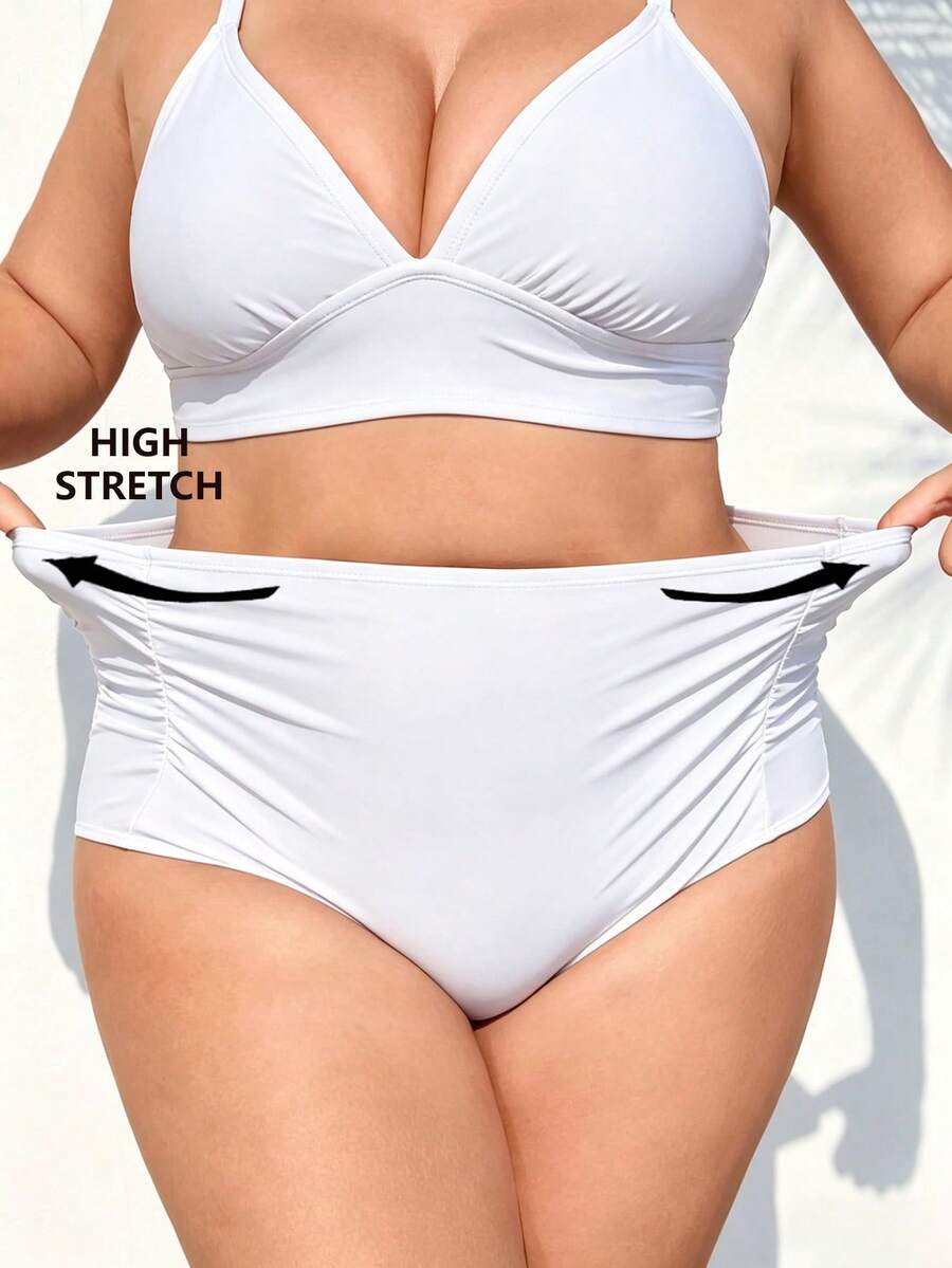 SHEIN CURVE+ Braga de bikini de talle alto fruncida de playa de verano, atuendos de playa para mujer, talla grande para mujer, trajes de baño, trajes de baño adelgazantes - Blanco - Ver 1