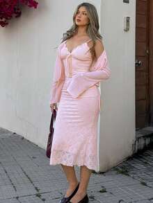 Joudiya Conjunto de 2 piezas para mujer de top corto de gasa rosa con nudo delantero, falda de encaje texturizada y vestido de tirantes finos, para primavera y verano, uso casual en casa/playa/vacaciones/viajes - Rosa - Ver 12