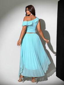 Viva Relle Plus Size Women's Summer Elegant Brown Wedding Gym Guest 2-Piece Set, Beaded Waist Top Pleated Chiffon Long Skirt Suit, Luxury Gala Bridesmaid - Multicolor - View 2