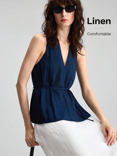 Ontre Bluză nouă din amestec de in, croială lejeră, fără mâneci, cu decolteu în V, bleumarin, design minimalist, elegant, urban șic, potrivită pentru ieșiri în oraș, vacanțe, sărbători, petreceri, nunți, birouri, școli, top versatil pentru femei