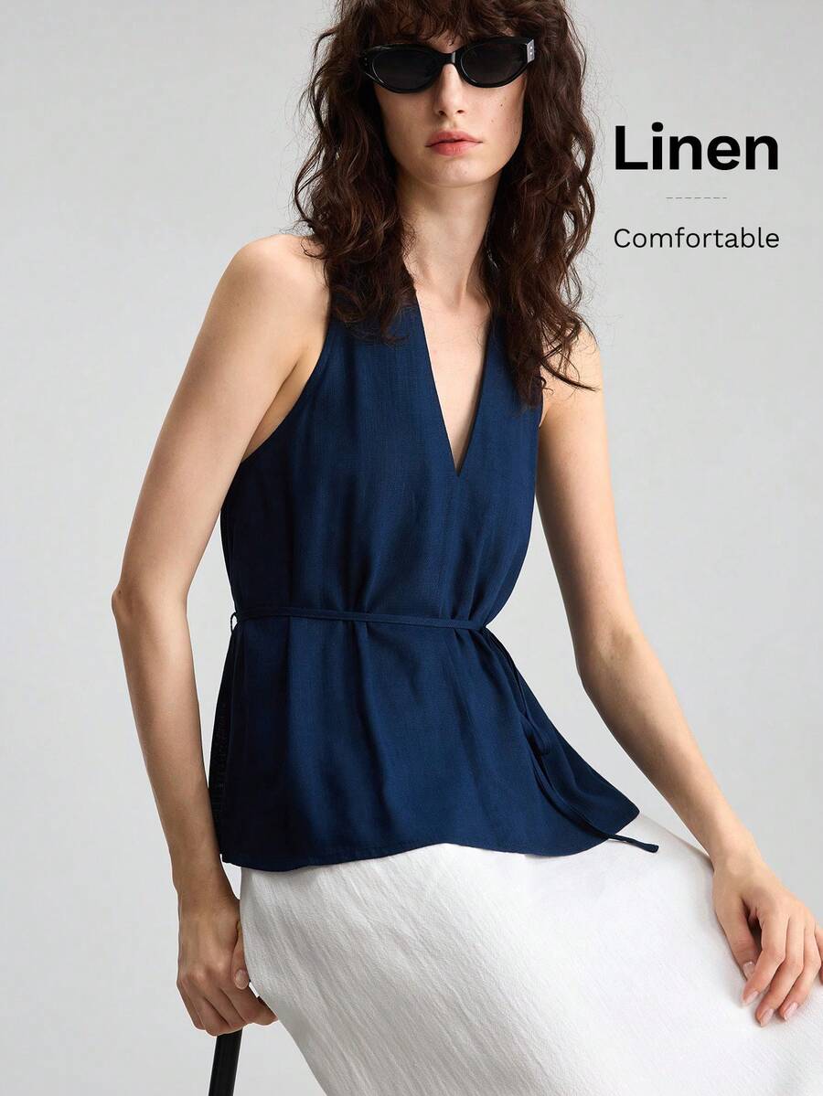 Ontre Áo kiểu dáng rộng rãi, không tay, cổ chữ V, chất liệu pha lanh, màu xanh navy, thiết kế tối giản, thanh lịch, phong cách thành thị, phù hợp cho các buổi đi chơi, kỳ nghỉ, tiệc tùng, đám cưới, công sở, trường học, là một chiếc áo nữ đa năng. - Màu xanh hải quân - Xem 1
