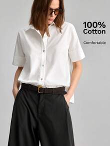 Ontre 2026SS New Women's Blouse Loose Fit Solid White Top Minimalist Elegant Urban Modern Button Design Neutral Apparel Women's Casual Wear Vacation Holiday Attire Old Money Style Tea Party Casual Commute Office Wear Teacher Back To School Fashion Versatile Women's Shirt - White - View 1