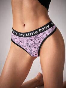 My Little Pony X SHEIN 2 buah Celana Dalam Thong Nyaman dan Lembut dengan Motif Unicorn dan Huruf serta Karet Elastis - Berwarna merah muda - View 4