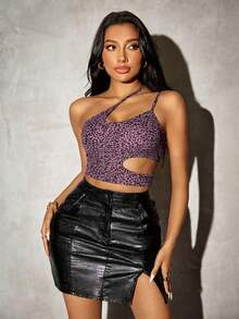 SHEIN SXY Blusa casual de punto con estampado de leopardo y hombro descubierto para mujer - Morado - Ver 3