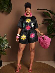 Maweii Damen Große Größen Set mit digitalem Blume Muster, Rundhalsausschnitt, Kurzarm, Crop-Top - Schwarz - Übersicht 4