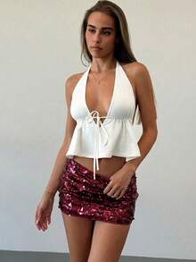 Aloruh Short court rose à paillettes taille basse pour jeunes femmes pour festival de musique - Rouge foncé - Voir 4
