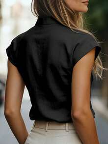 EMERY ROSE Plus Size Solid Color Stand Collar Cap Sleeve Casual Minimalist Design Everyday Shirt, Summer - Black - View 2