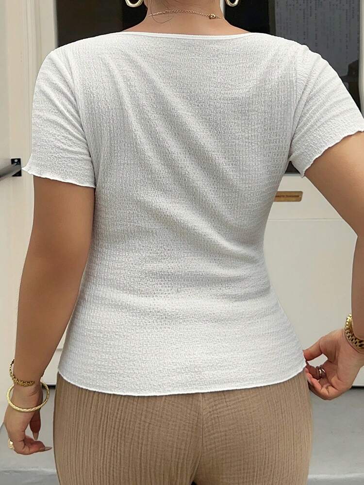 Dazy Plus Textured Fabric Scoop Neck Oblique Placket Design Short Sleeve Fitted Cropped Plus Size Women Casual Blogger T-Shirt, Spring/Summer