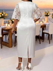 Fleurora Große Größen Rundhals Raglan Halbarm Spitze Patchwork figurbetontes elegantes Kleid - Weiss - Übersicht 2