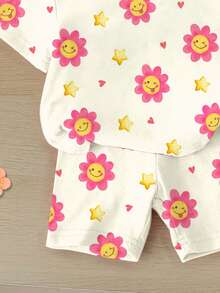 Baby Girls' Cute Colorful Polka Dot, Floral, Heart Print 2Pcs Set - T-Shirt And Shorts, Suitable For Spring/Summer - Multicolor - View 5