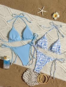 Swim Mod Set Bikini Segitiga Tali Ikat Leher Halter 8 Potong untuk Wanita dari Springbreak, Baju Renang Minimalis Motif Bunga Kecil untuk Liburan Pantai - MultiWarna - View 2
