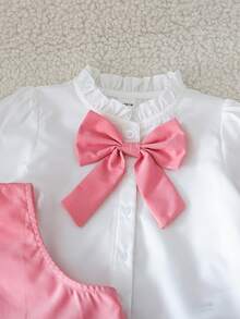 SHEIN 3件組少女套裝：編織純色休閒背心、休閒襯衫與迷你裙 - 粉色 - 查看 6