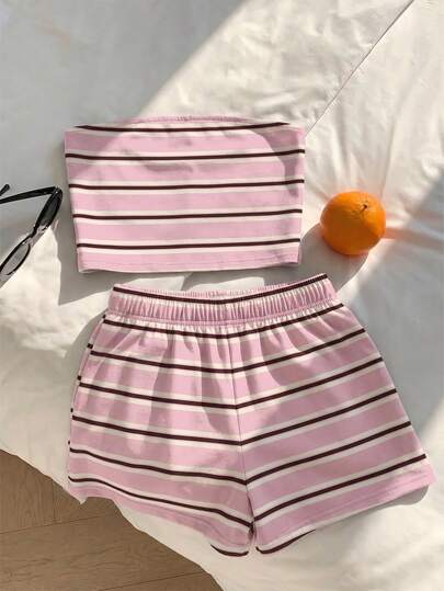 Comfortcana Pink Striped 2 Pieces Set, Suitable For Vacation, Graduation Season, Summer Top, Daily Commute, Date, Party, Autumn/Winter/Summer, Christmas, New Year, Thanksgiving, Party, Wedding, Beach, Graduation Ceremony, Fashionable, Elegant, Casual, Outing, Date, Booking, Commute, Shiny, Valentine's Day, Elegant, Vacation, Casual, Y2K, Outing, Graduation Ceremony, Etc.