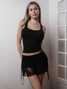 Cassandra Jullia 女款休閒抽繩腰蝴蝶結荷葉邊蕾絲布料雙層裙，適合日常穿著時尚洋裝黑色 - 黑色 - 查看 6