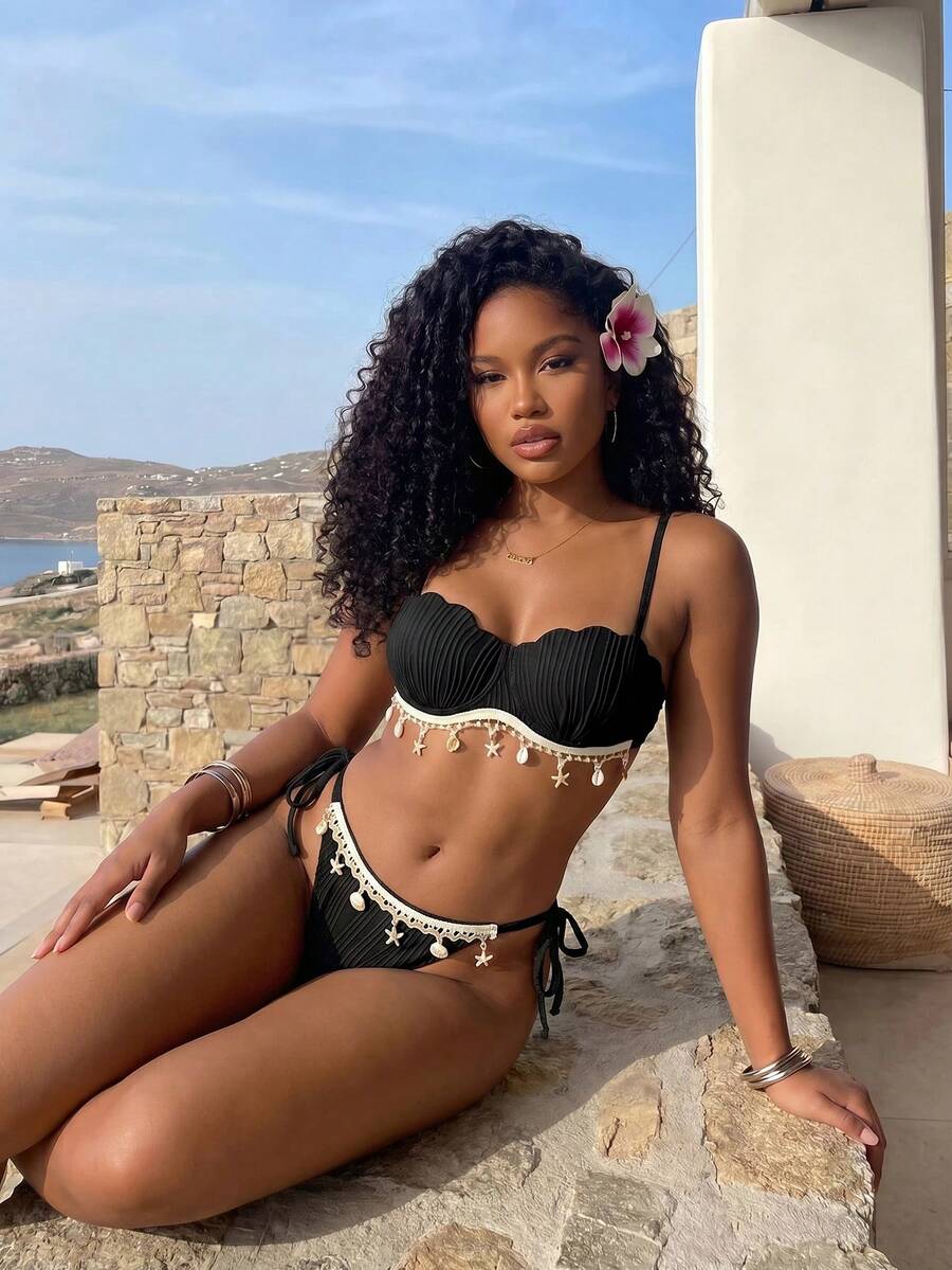 BamGleam Conjunto de bikini para mujer de unicolor con tela texturizada, decoración de concha de soporte y lazo lateral para vacaciones de verano - Negro - Ver 1