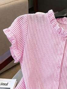 Franclia Women's Striped Print Ruffle Front Button Casual Short Sleeve Shirt - Pink - View 3