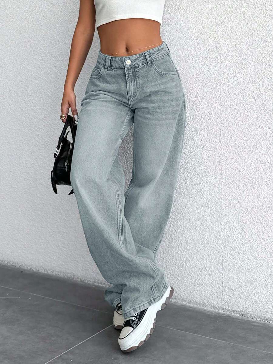 Low Waist Straight Cut Jeans Suitable For Daily Use - Light Wash - View 1