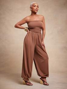 Vixey Bộ jumpsuit dệt kim co giãn, ôm sát, xếp ly, không dây vai, ống rộng. - màu nâu - Xem 4