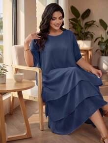 Auveirra Plus Size Casual Dress, White Round Neck Sleeveless Asymmetrical Flowing Hem Bohemian Dress, Suitable For Spring/Summer/Vacation Elegant - Dusty Blue - View 3