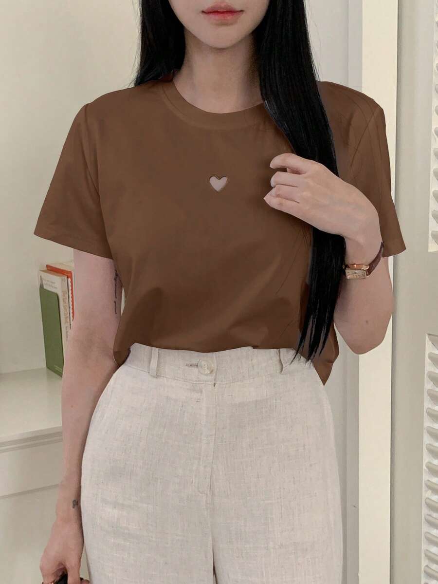 DAZY Women Solid Color Heart Hollow Out Round Neck Short Sleeve Casual T-Shirt - Coffee Brown - View 1